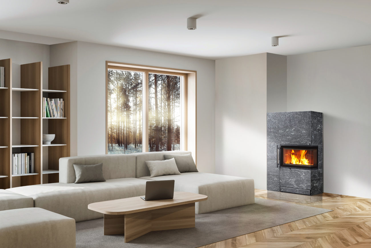 Interior of modern living room with white walls, wooden floor, white sofa and coffee table with laptop. Bookcase to the right. 3d rendering